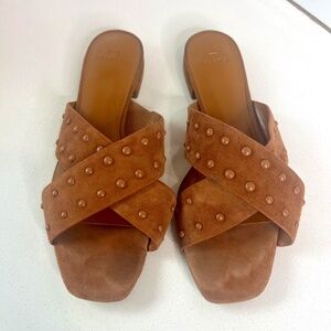 H Halston women's Nora leather slide sandals, camel brown color, size 8